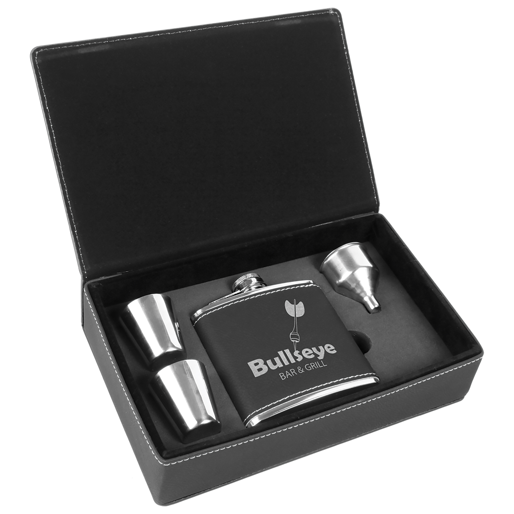 Stainless Steel Black/Silver Leatherette Flask Gift Set 6
