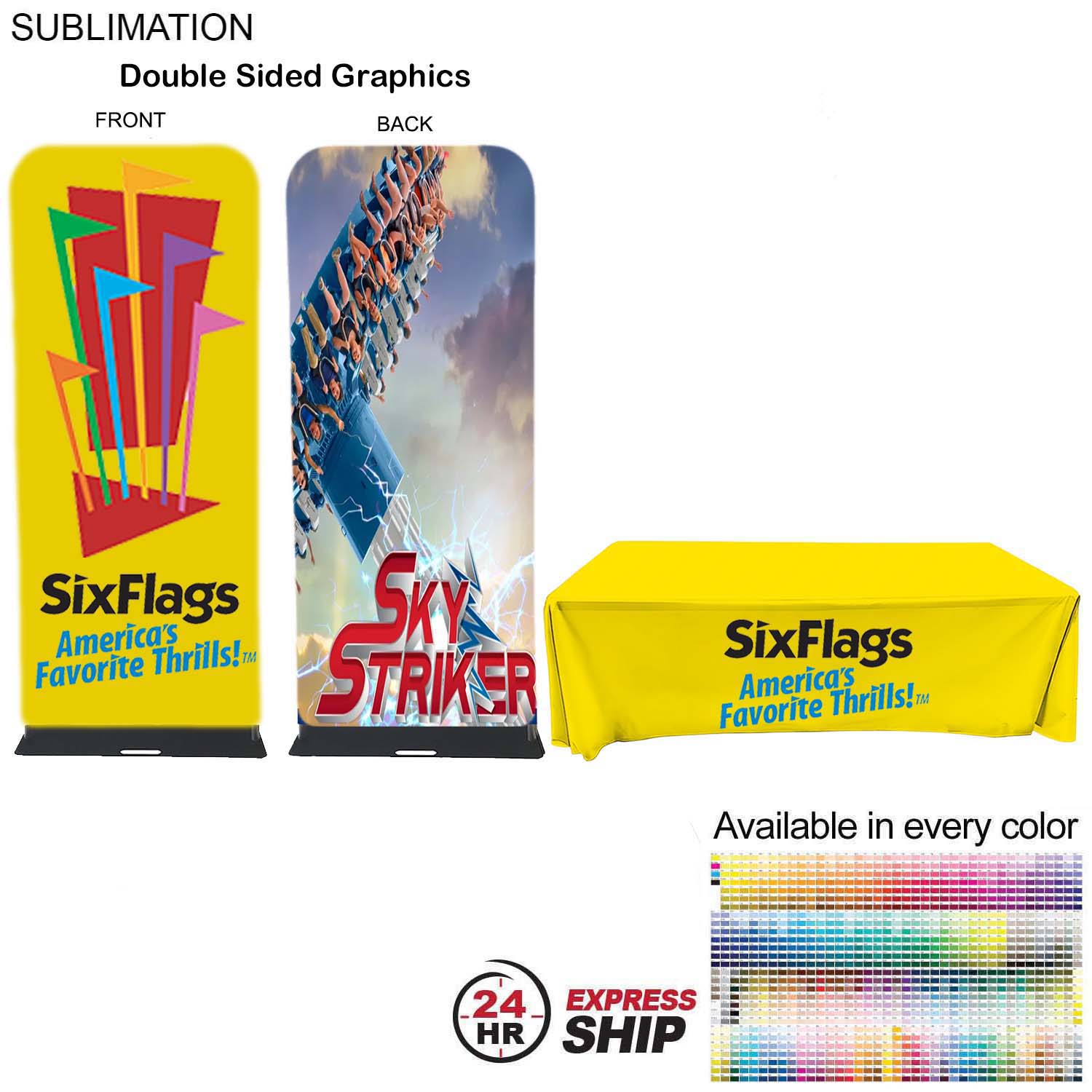 24Hr Express Ship - Event package, 3'W Fabric banner and Premium 6' tablecloth closed back 2