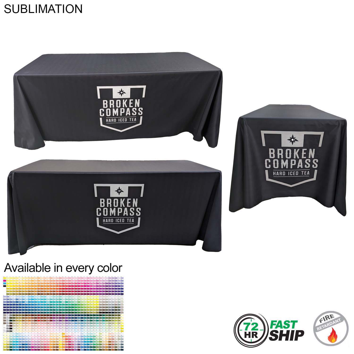 72 Hr Fast Ship - Sublimated PREMIUM Cloth for 6' table, Drape style, Closed Back, Rounded Corners 10
