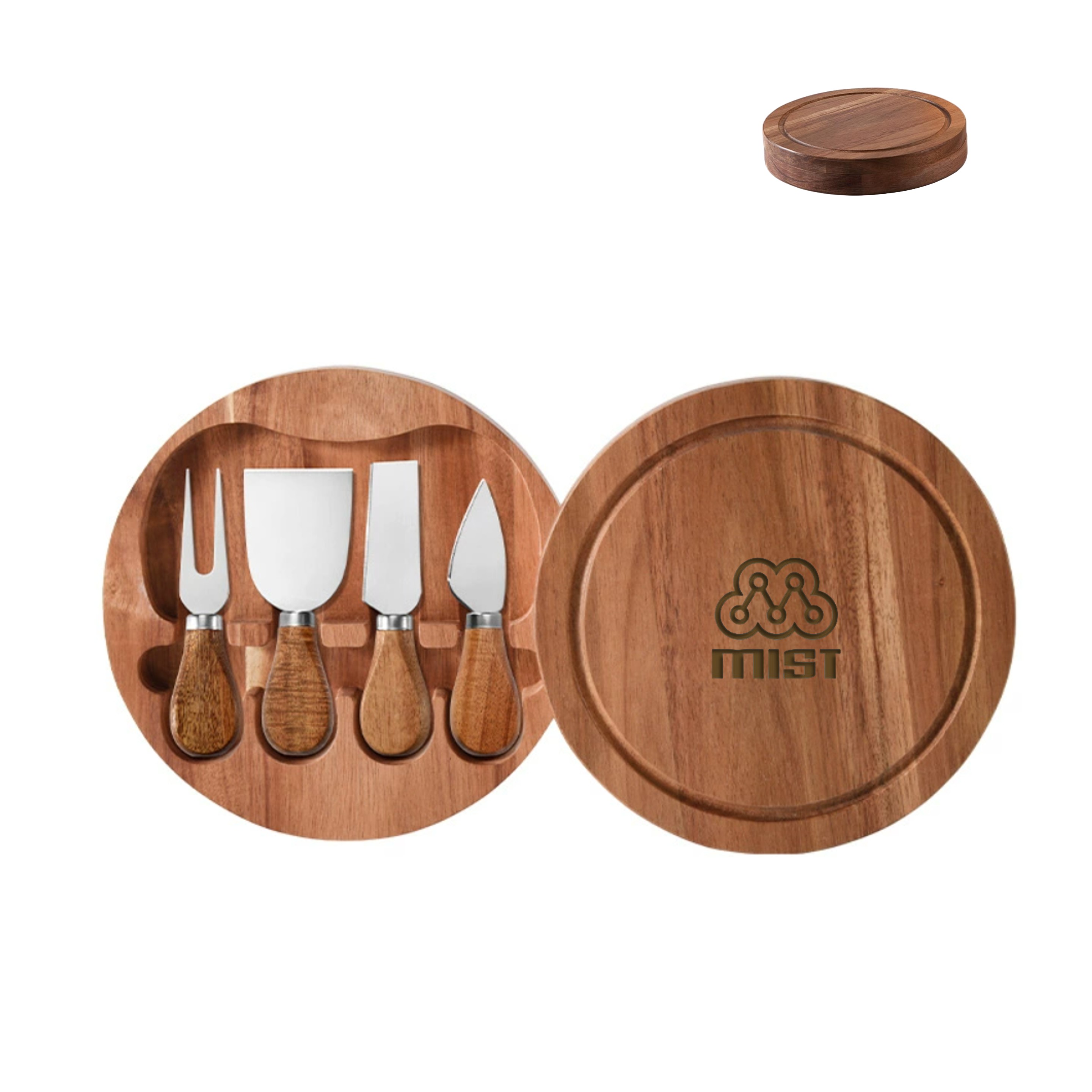 Round Acacia Wood Cheese Board & Knife Set - Ocean