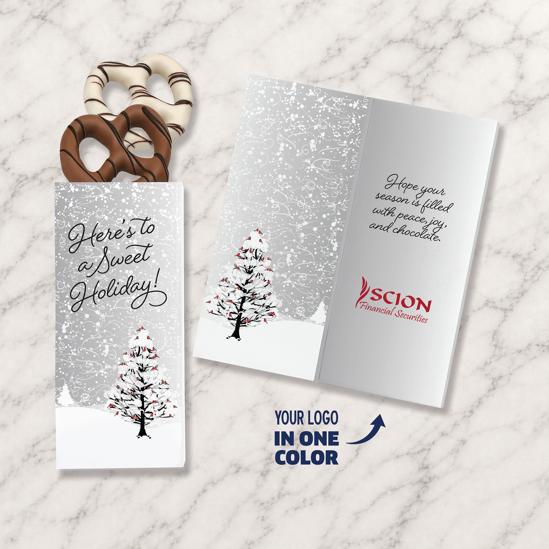 One Color Foil-Stamped Stock Cardinals Sweeter Cards with Chocolate Dipped Pretzels