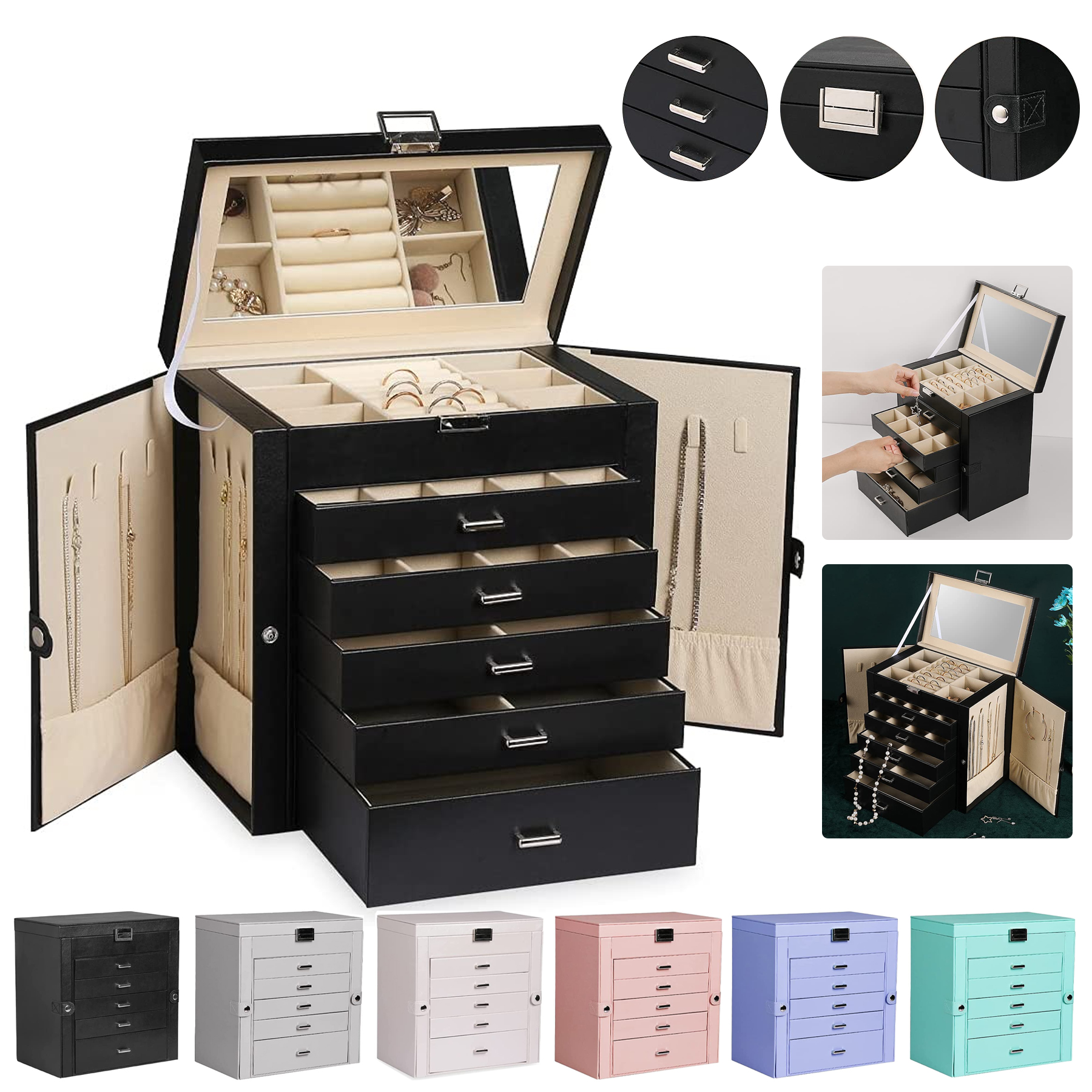 6 Tier PU Leather Jewelry Box with Lock 6