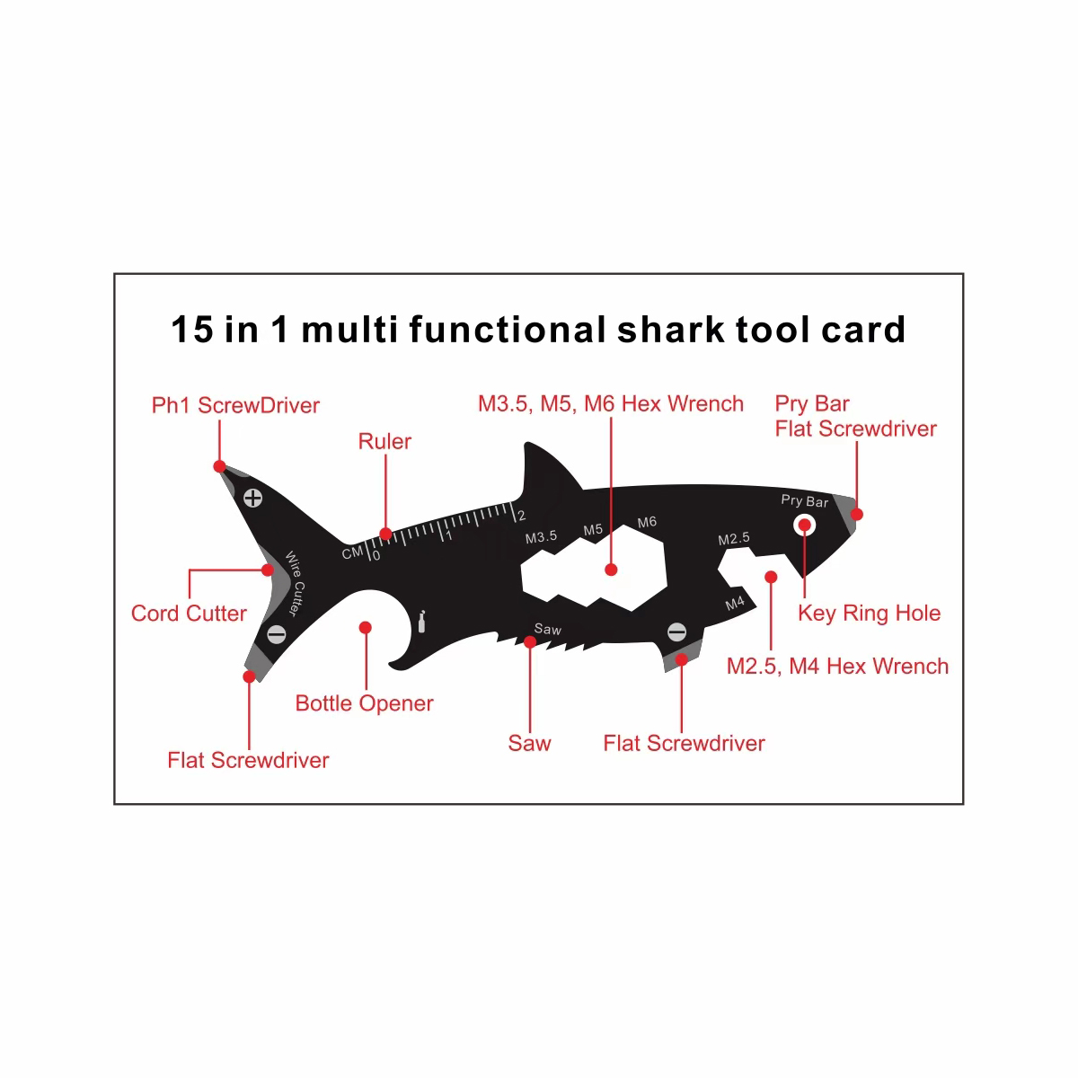 GearCard 15-in-1 Shark-Shaped Multi-Tool Card – Stainless Steel Wallet EDC Gadget 6